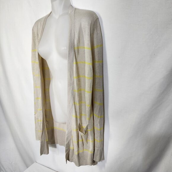 Ann Taylor Loft Sweater Lg Open Front Knit Cardigan Beige Yellow Striped Pockets - Picture 3 of 9